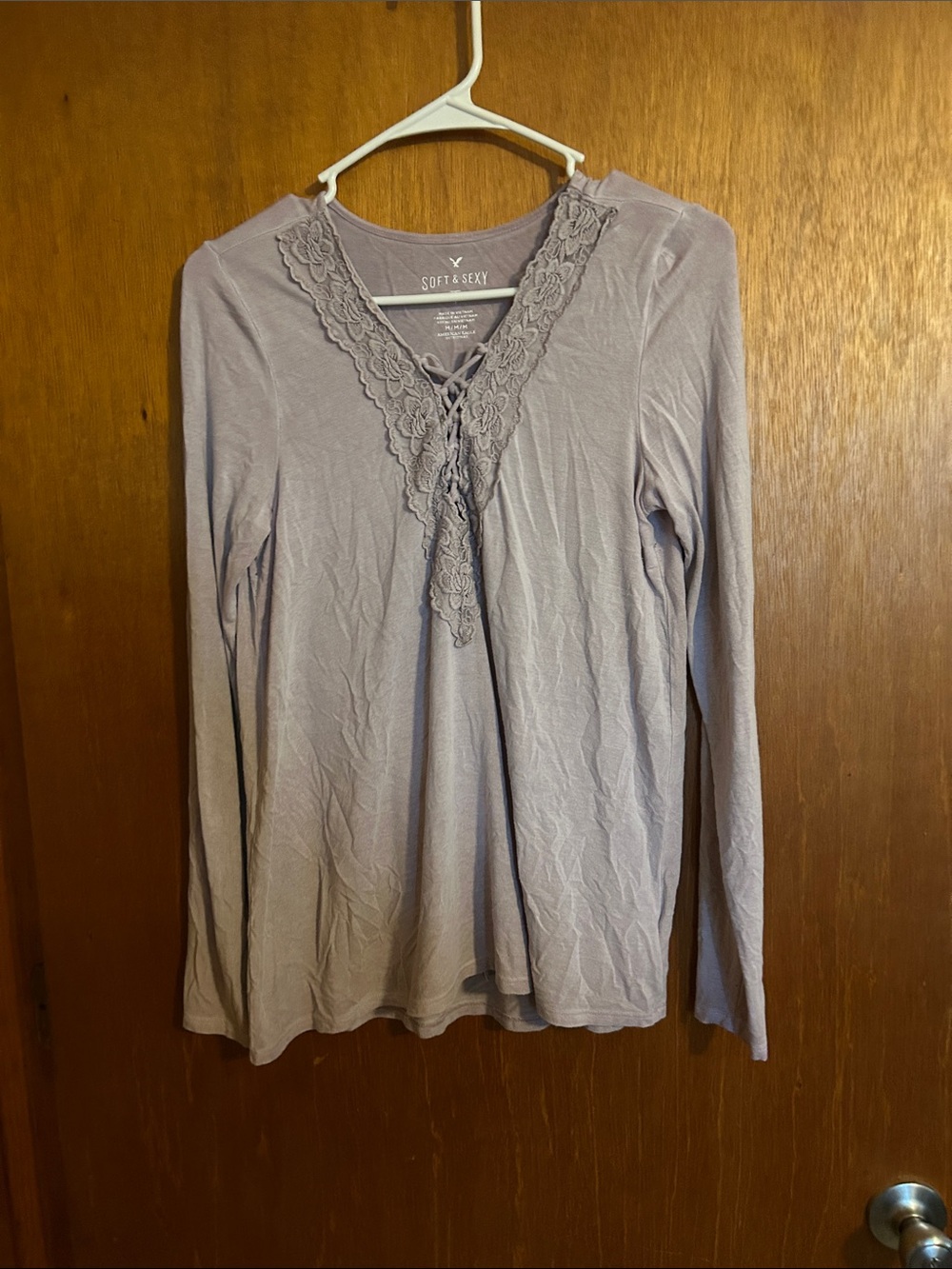 American Eagle Outfitters Lavender Lace-Trim Long Sleeve Tee